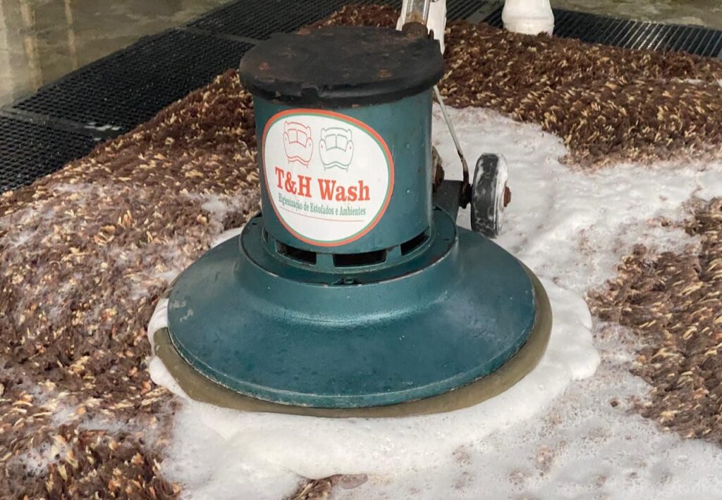 “Máquina profissional de higienização realizando limpeza técnica de tapete de luxo”