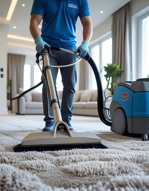 “Técnico da T&H Wash higienizando tapete com extratora profissional em ambiente residencial”