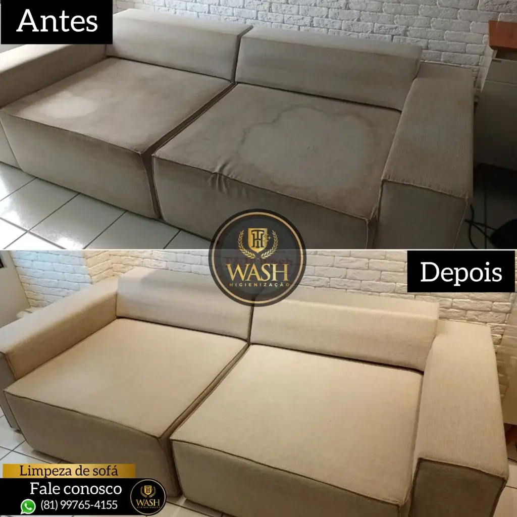 Duas imagens de um sofá: a superior etiquetada como "Antes" mostra manchas; a inferior etiquetada como "Depois" mostra o sofá limpo. O logotipo da empresa e as informações de contato estão presentes.