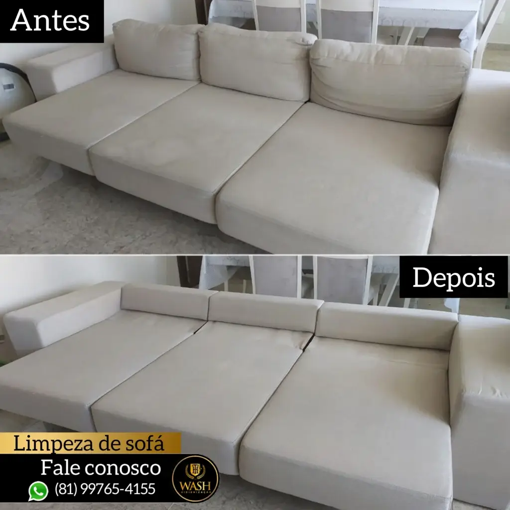 Efeito da limpeza profissional em estofado, evidenciando a remoção de manchas e sujeiras