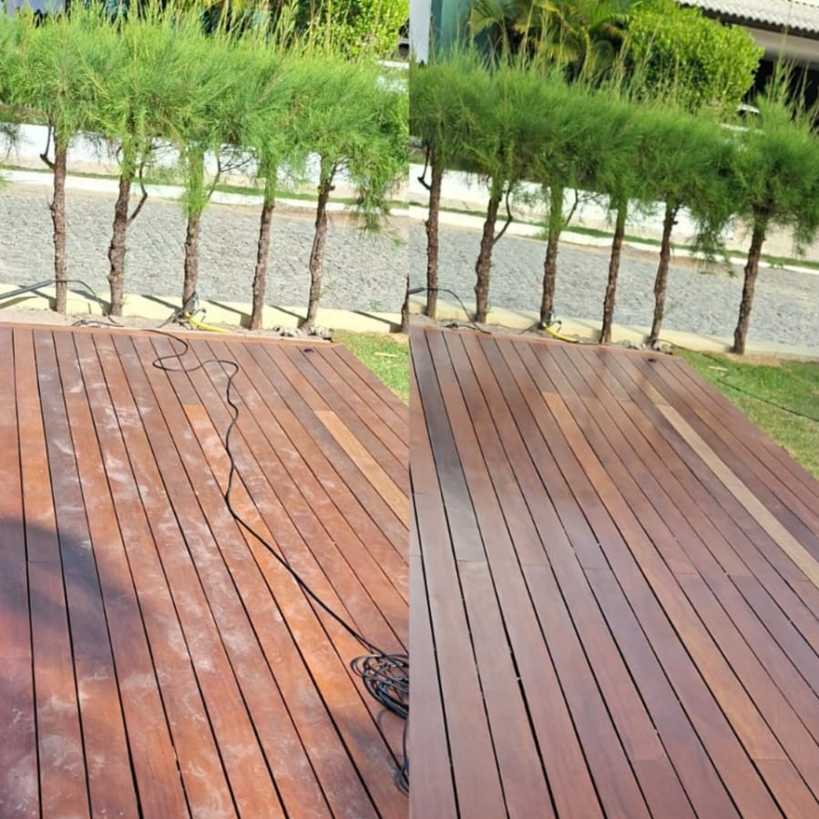 Limpeza técnica pós-obra em casas de alto padrão em Muro Alto. Recuperação de brilho e limpeza profunda de deck de madeira em jardim.