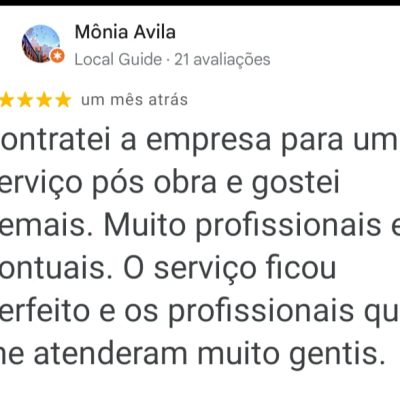 avaliação feita por uma cliente de recife ao serviço de limpeza pós obra da empresa T&H Wash Higienização